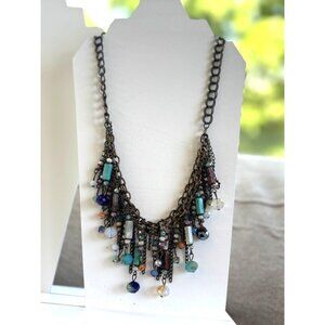BOHO style Layered Antique Bronze Statement Necklace W/ Beaded Fringe & Multicol